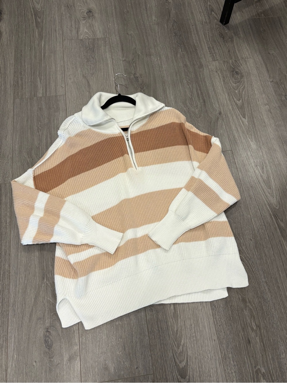 Aerie 100% cotton Striped Half-Zip Pullover Sweater in Cream & Tan